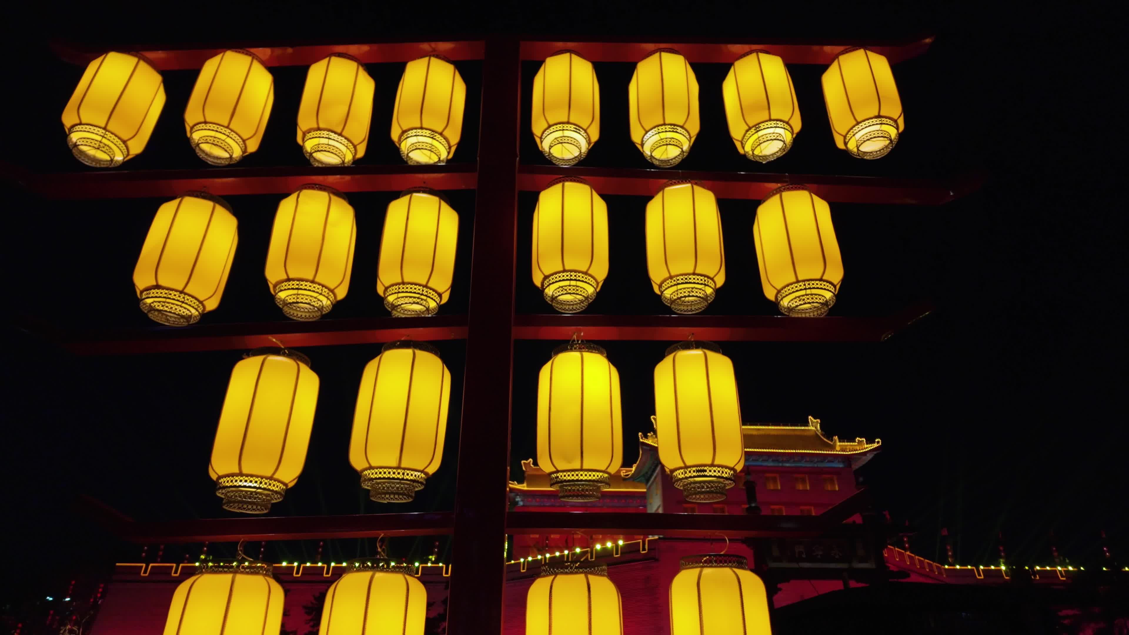 Classical Chinese lanterns are lit up at night